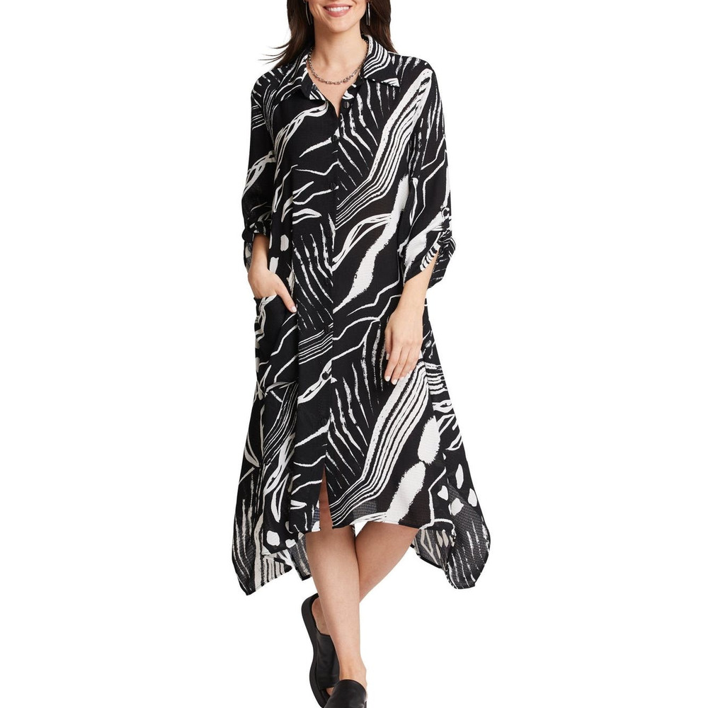 Women's Black and White Floral Duster Size XXL Button Up Dress Compli-K NWT